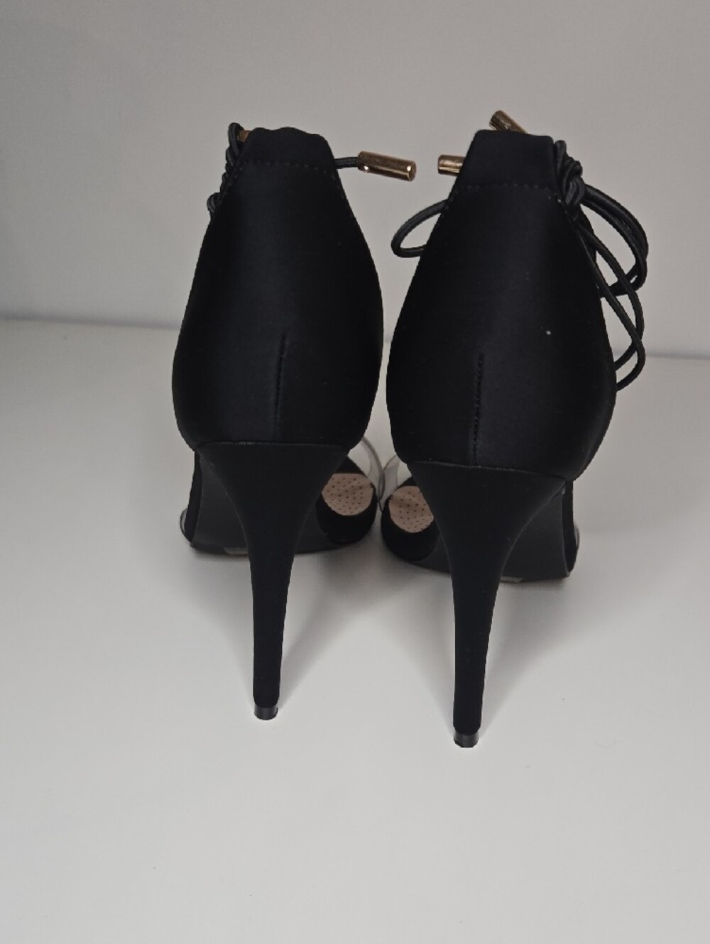 Azalea Wang Black And Clear Pointed Toe Lace Up Heels Sz 10 BinD - Picture 3 of 4